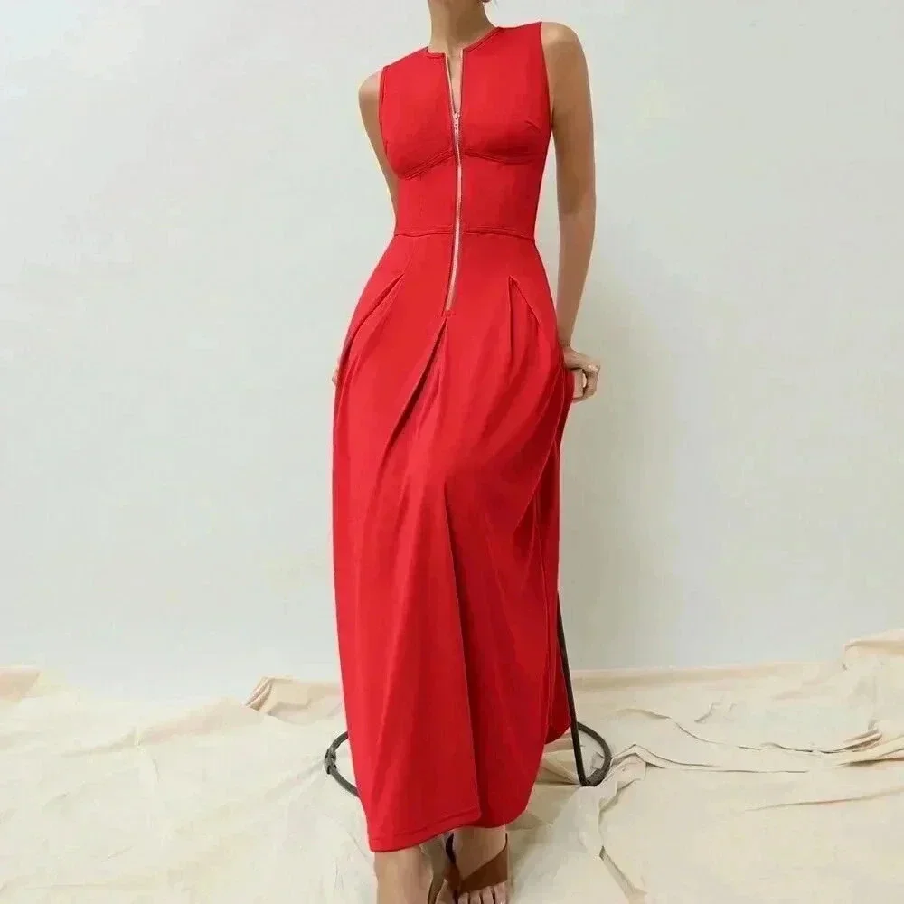 Red Elegant Women's Casual Sleeveless Gold Zipper Waist Gathered Long Dress